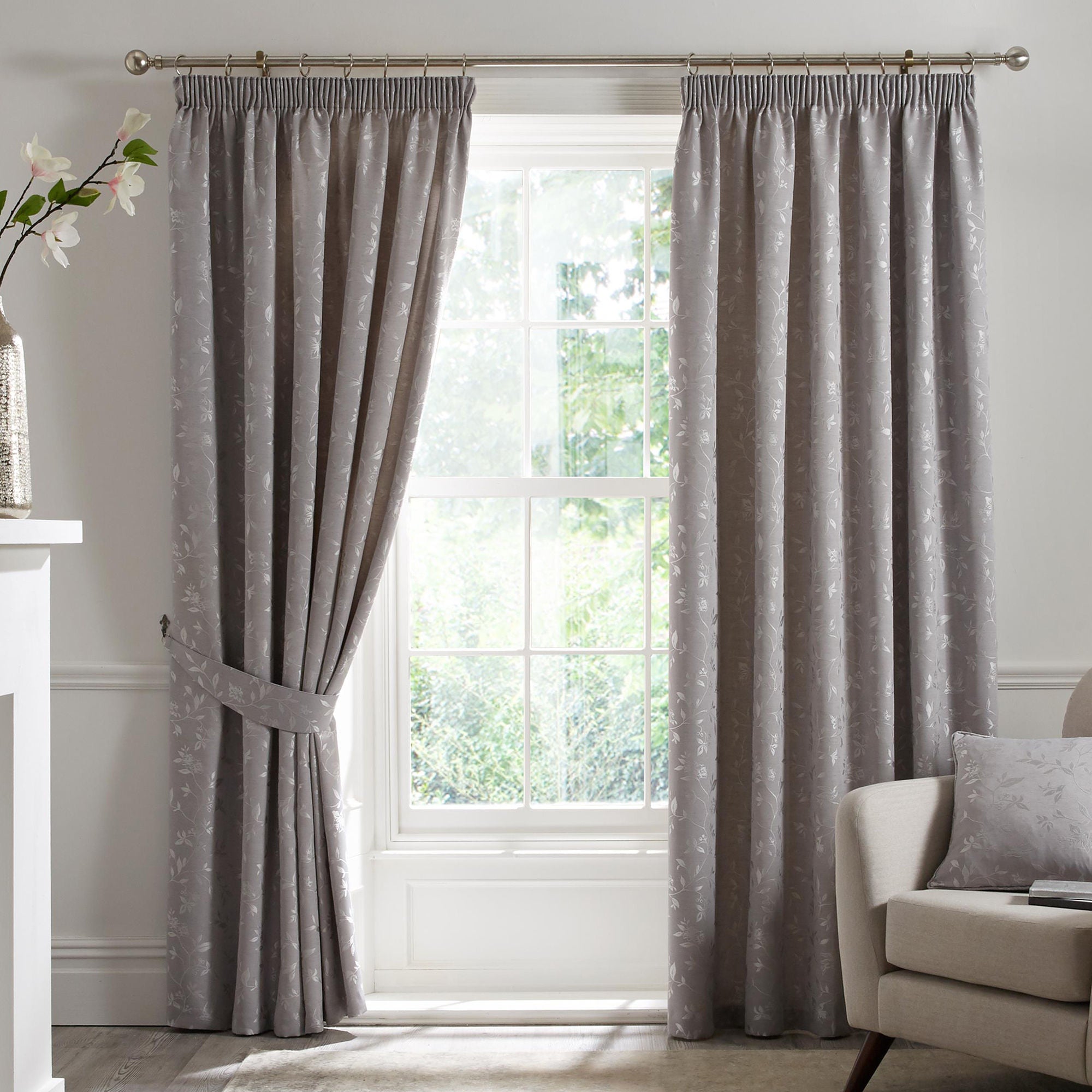 Bird Trail Pair of Pencil Pleat Curtains by Curtina in Grey - Pair of Pencil Pleat Curtains - Curtina