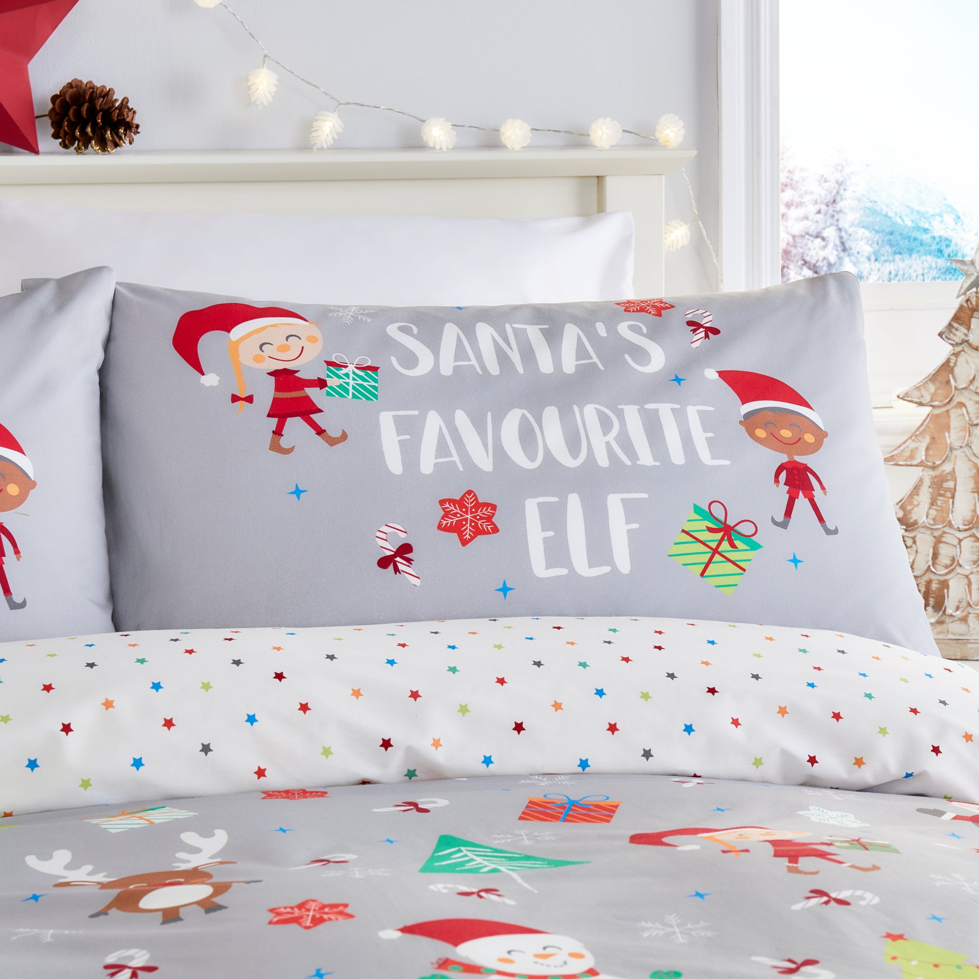 Elf & Santa Duvet Cover Set by Fusion Christmas in Grey - Duvet Cover Set - Fusion Christmas