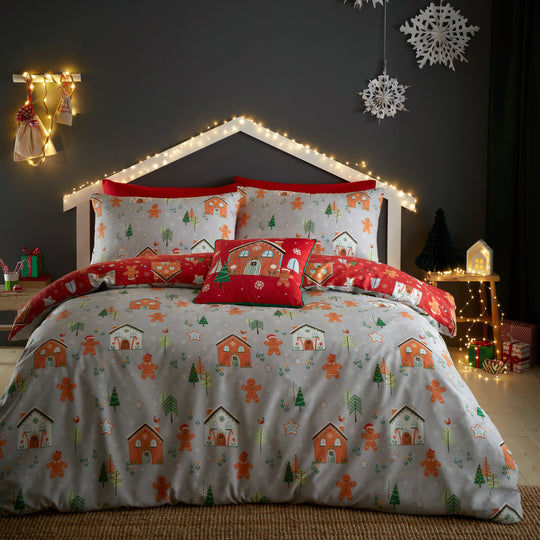 Gingerbread House Duvet Cover Set by Bedlam Christmas in Grey - Duvet Cover Set - Bedlam Christmas