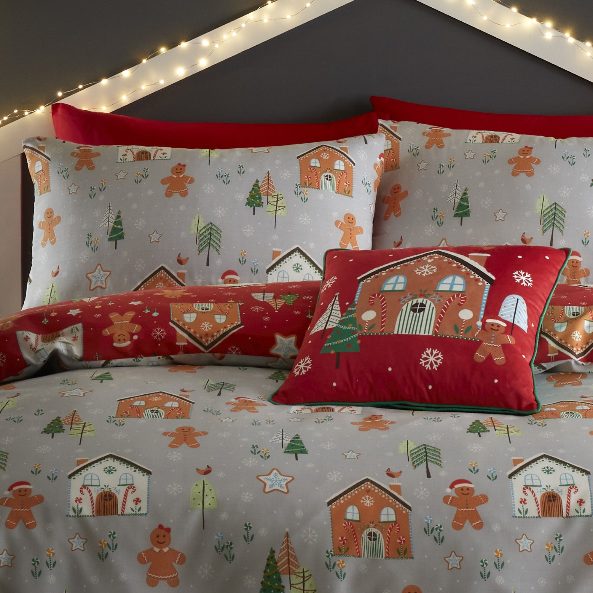 Gingerbread House Duvet Cover Set by Bedlam Christmas in Grey - Duvet Cover Set - Bedlam Christmas