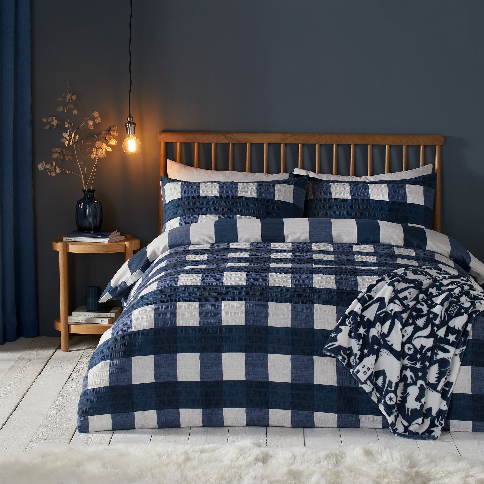 Seersucker Gingham Check Duvet Cover Set by Fusion Snug in Navy - Duvet Cover Set - Fusion Snug