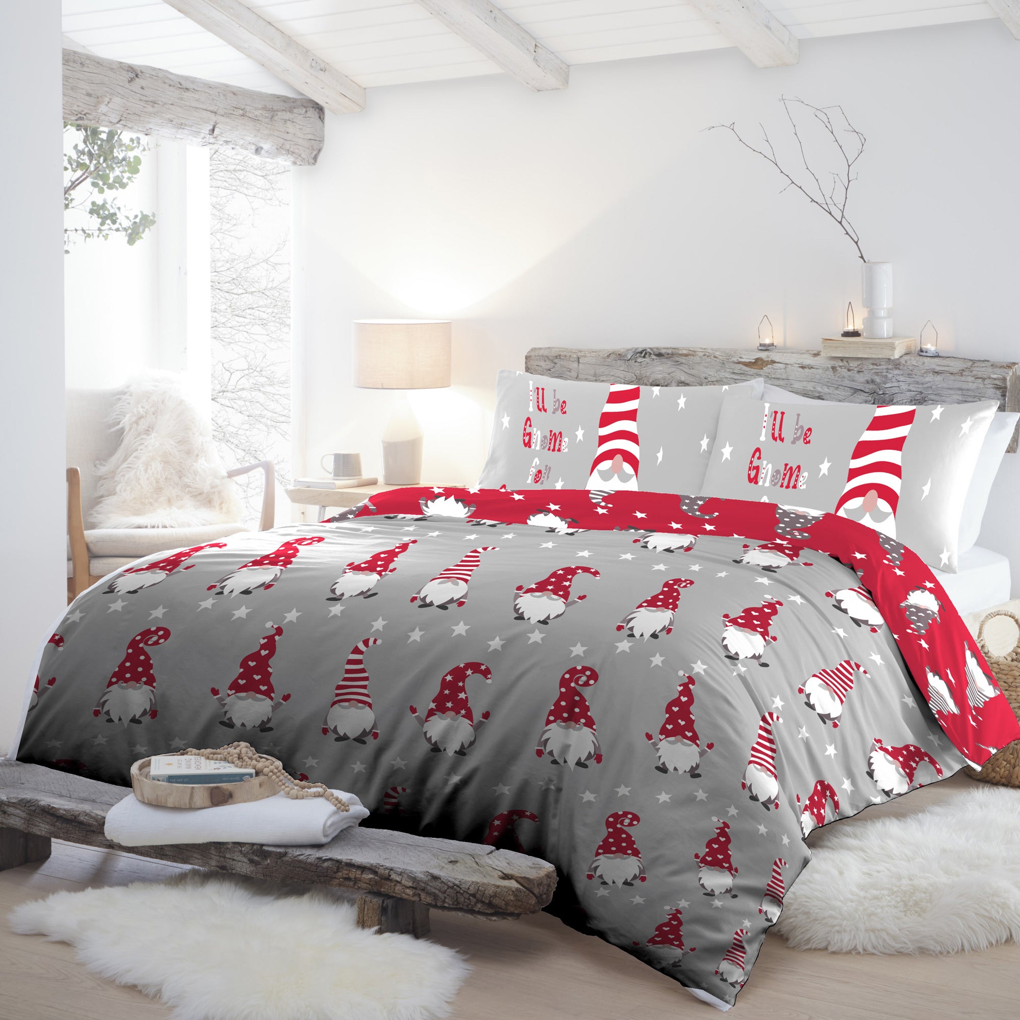 Gnome For Christmas Duvet Cover Set by Fusion Christmas in Silver Single - Duvet Cover Set - Fusion Christmas