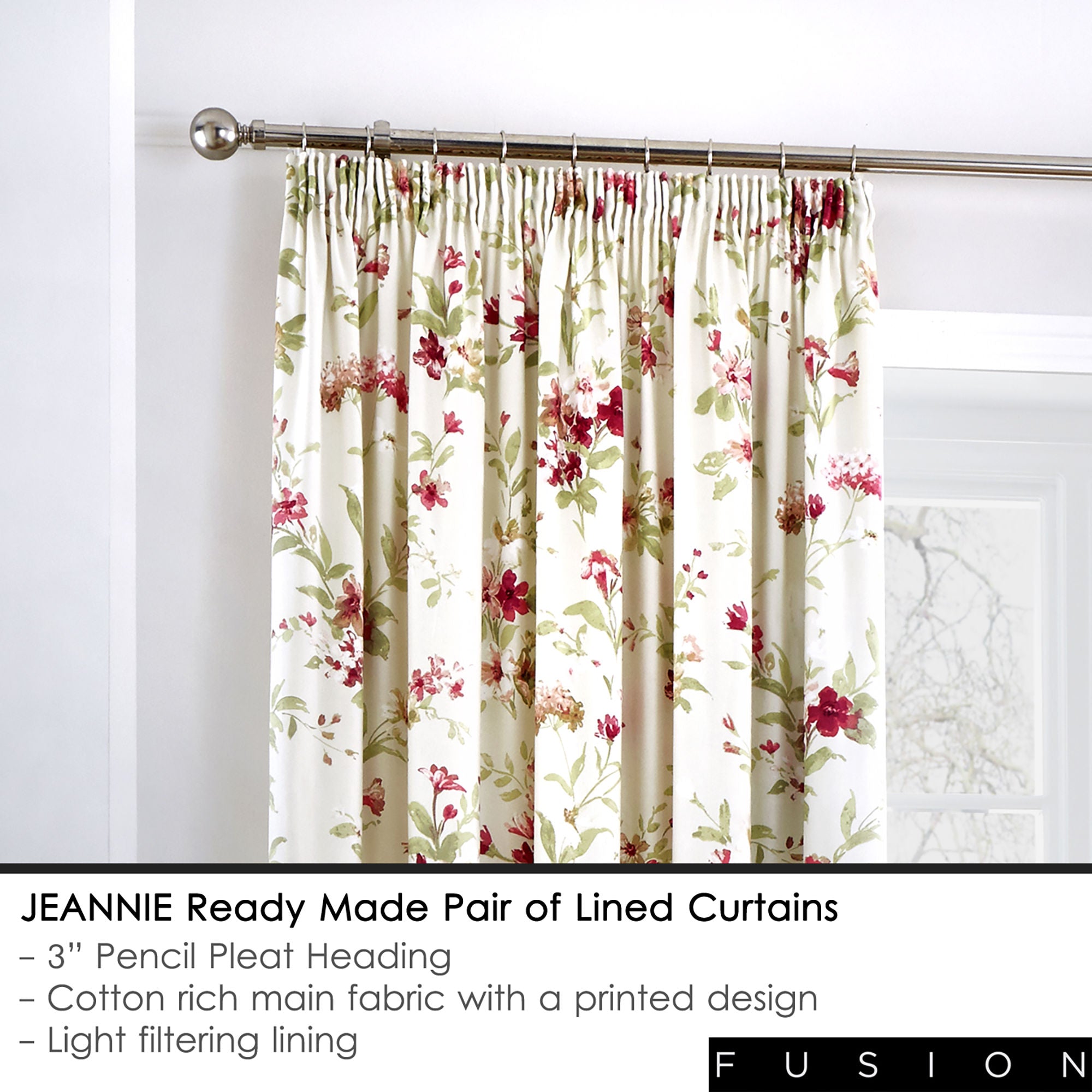 Jeannie Pair of Pencil Pleat Curtains by Fusion in Red - Pair of Pencil Pleat Curtains - Fusion