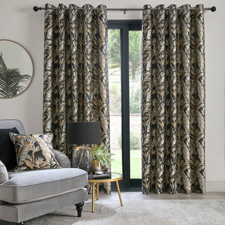 Paradise Palm Pair of Eyelet Curtains by Laurence Llewelyn-Bowen in Black - Pair of Eyelet Curtains - Laurence Llewelyn-Bowen