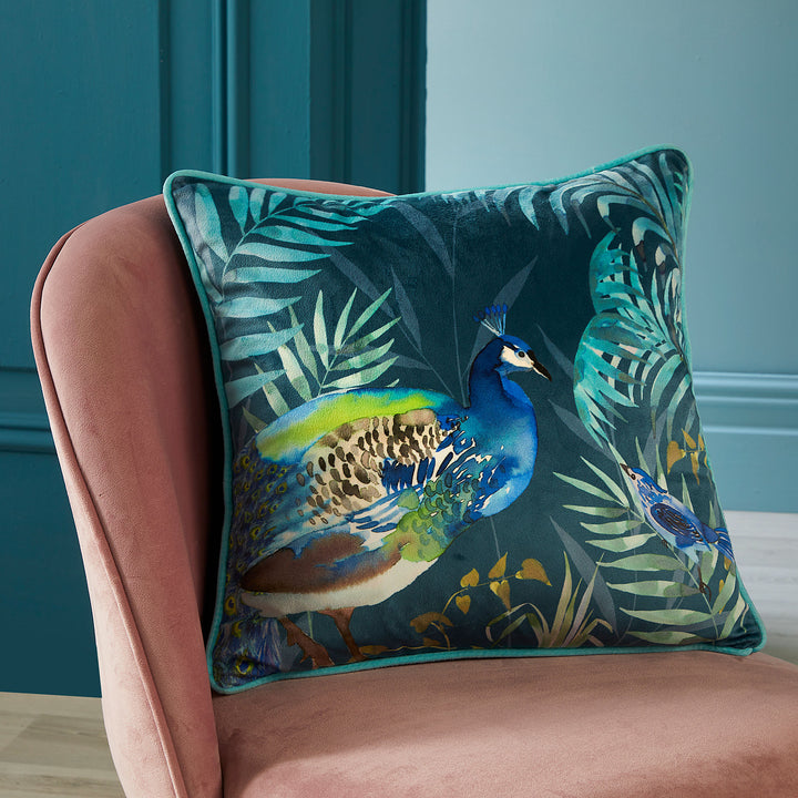 Peacock Jungle Cushion by Soiree in Teal 43 x 43cm - Cushion - Soiree