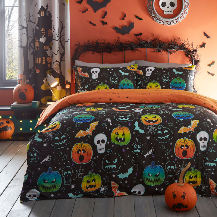 Scary Pumpkins Duvet Cover Set by Bedlam in Black - Duvet Cover Set - Bedlam