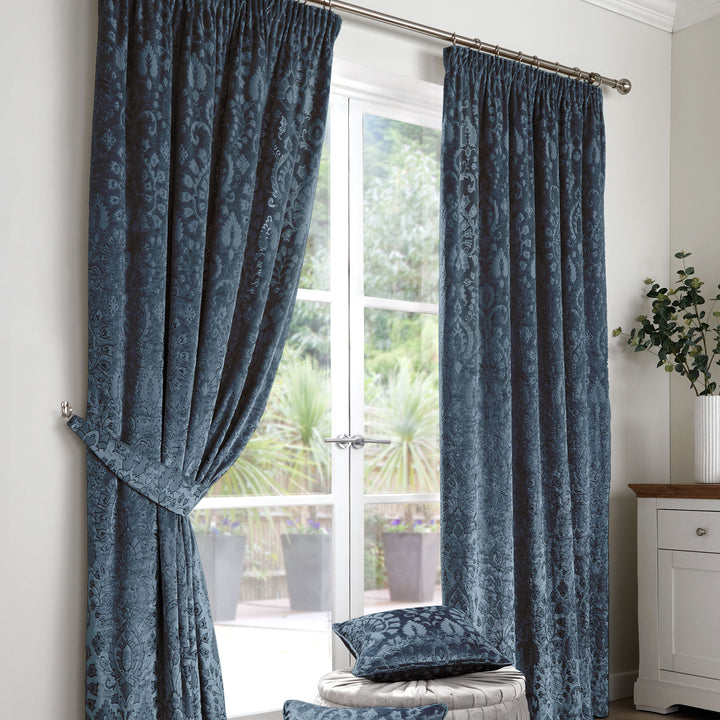 Trinity Pair of Pencil Pleat Curtains by Curtina in Blue - Pair of Pencil Pleat Curtains - Curtina