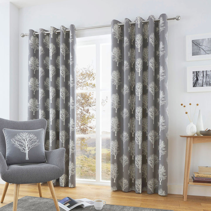 Woodland Trees Pair of Eyelet Curtains by Fusion in Charcoal - Pair of Eyelet Curtains - Fusion