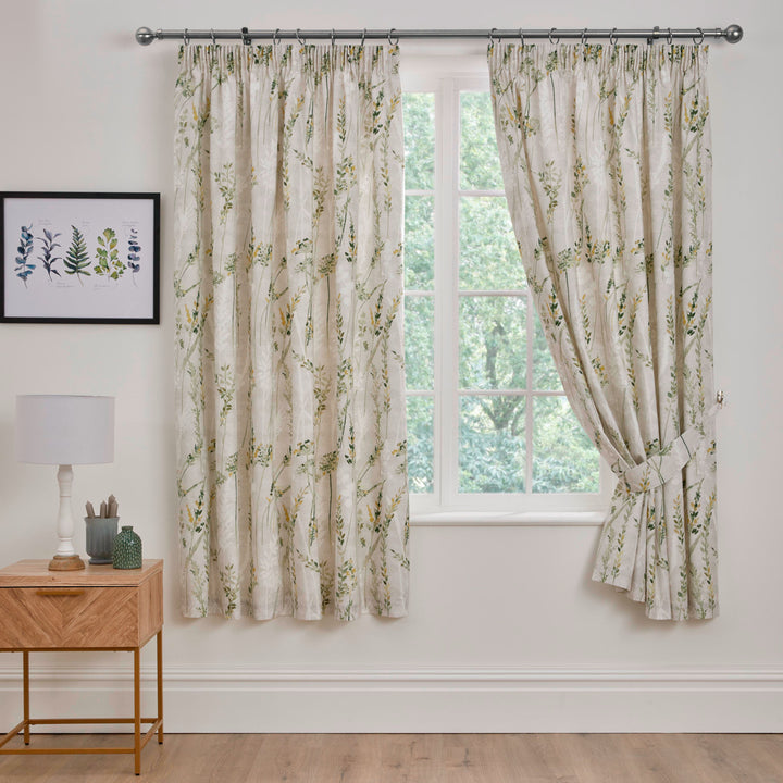 Wild Stems Pair of Pencil Pleat Curtains With Tie-Backs by Dreams & Drapes Design in Green - Pair of Pencil Pleat Curtains With Tie-Backs - Dreams & Drapes Design