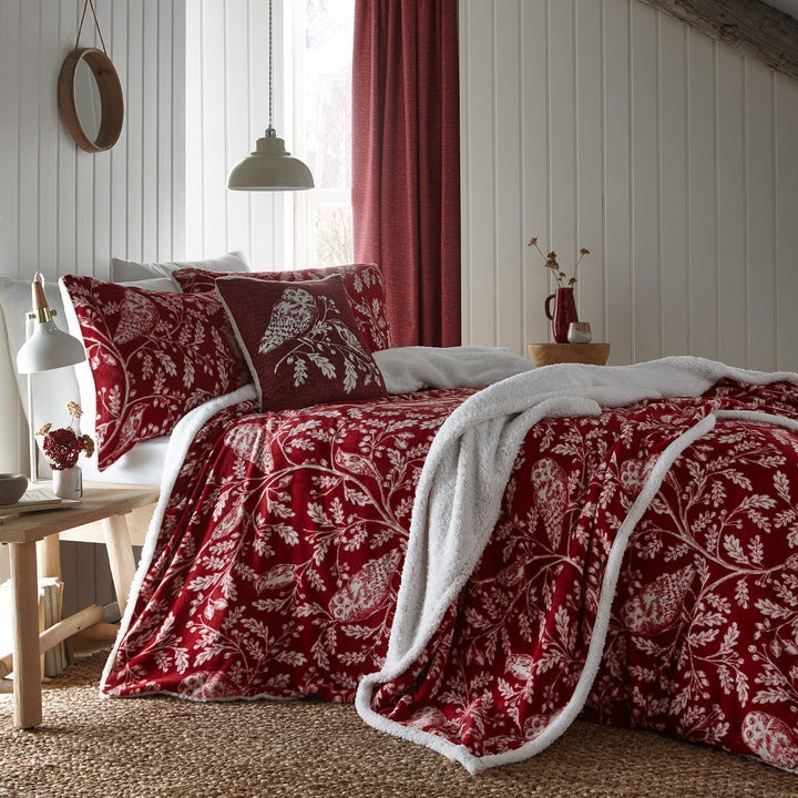 Woodland Owls Bedspread by Dreams & Drapes Lodge in Red 150cm x 200cm - Bedspread - Dreams & Drapes Lodge
