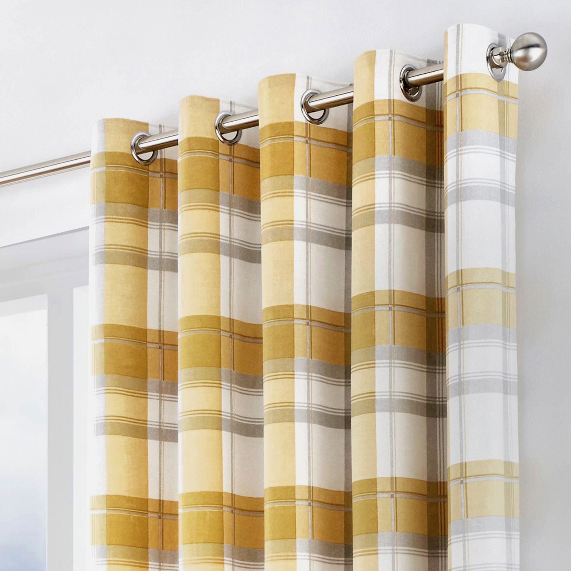 Balmoral Check Pair of Eyelet Curtains by Fusion in Ochre - Pair of Eyelet Curtains - Fusion