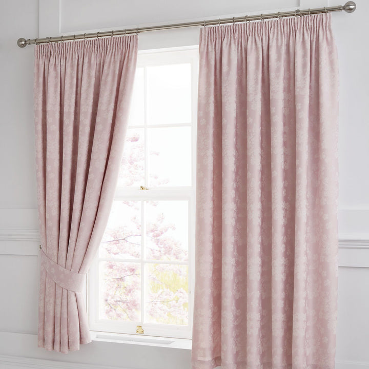 Blossom Pair of Pencil Pleat Curtains With Tie-Backs by Dreams & Drapes Woven in Blush - Pair of Pencil Pleat Curtains With Tie-Backs - Dreams & Drapes Woven