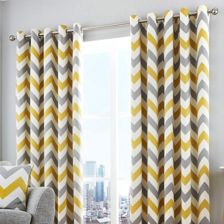Chevron Pair of Eyelet Curtains by Fusion in Ochre - Pair of Eyelet Curtains - Fusion