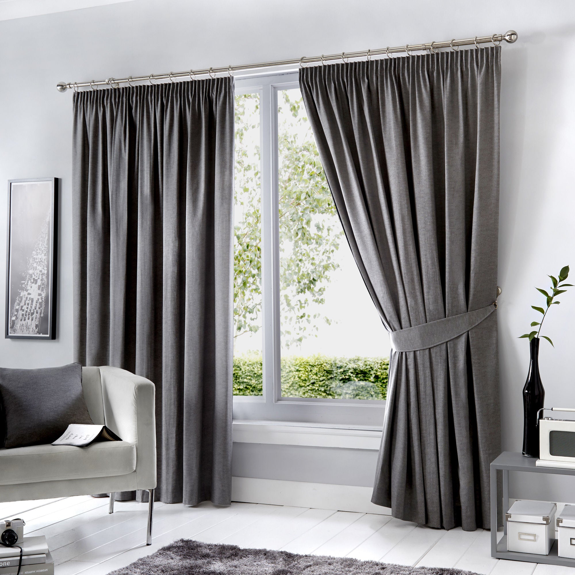 Dijon Pair of Pencil Pleat Curtains by Fusion in Charcoal - Pair of Pencil Pleat Curtains - Fusion