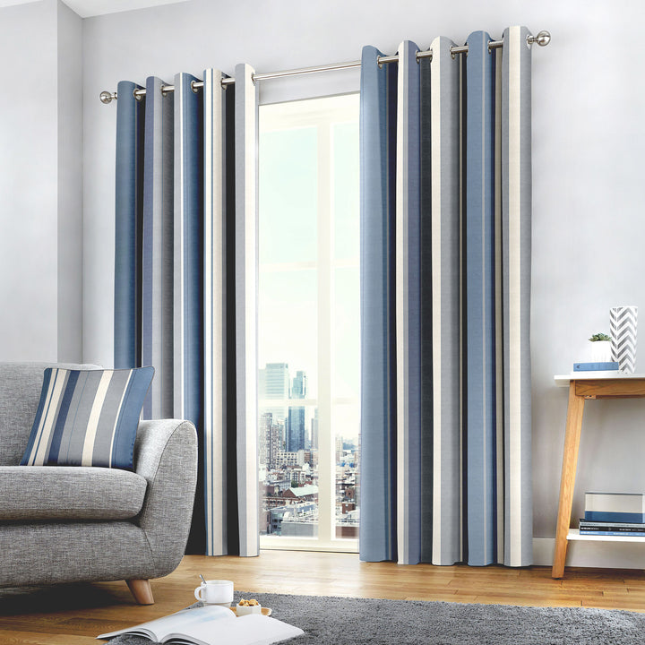 Whitworth Stripe Pair of Eyelet Curtains by Fusion in Blue - Pair of Eyelet Curtains - Fusion