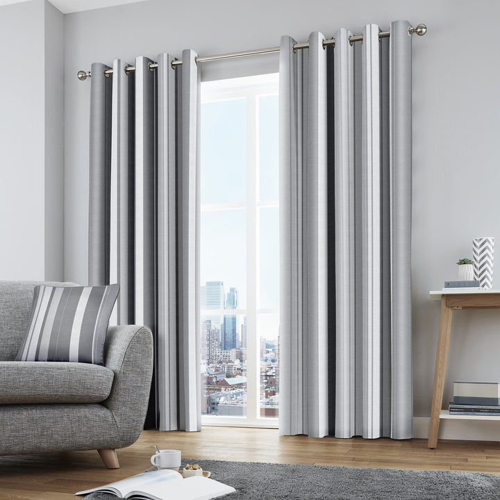 Whitworth Stripe Pair of Eyelet Curtains by Fusion in Grey - Pair of Eyelet Curtains - Fusion